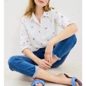 Loft White Linen Blend Floral Embroidered Collared Button Up Shirt Women's L
